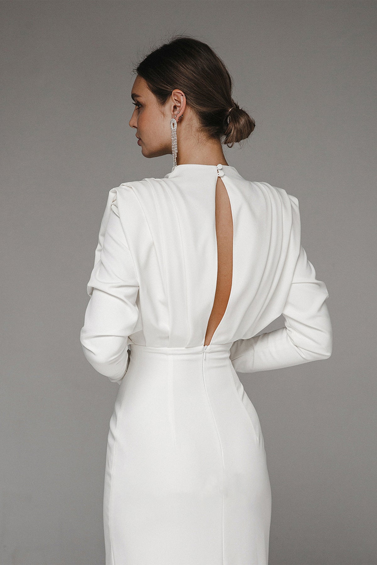 Stand Collar Long Sleeve Pleated Waist Slit Maxi Dress