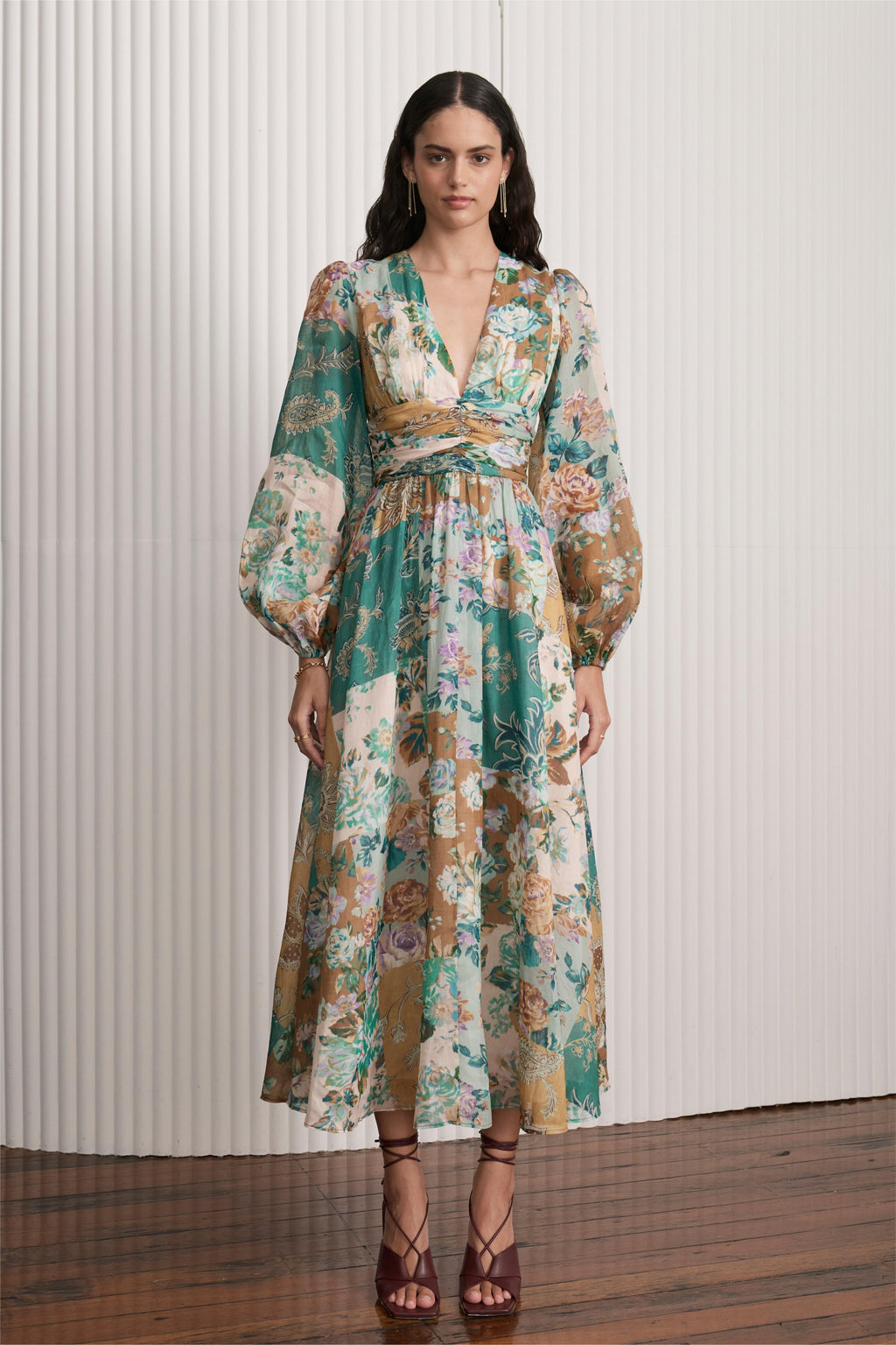 Printed Long Sleeve V-neck Midi Dress