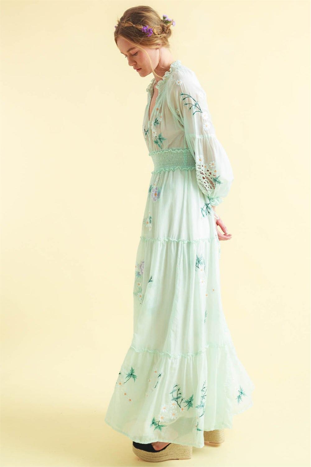 V-neck Long Sleeve Embroidery Maxi Dress