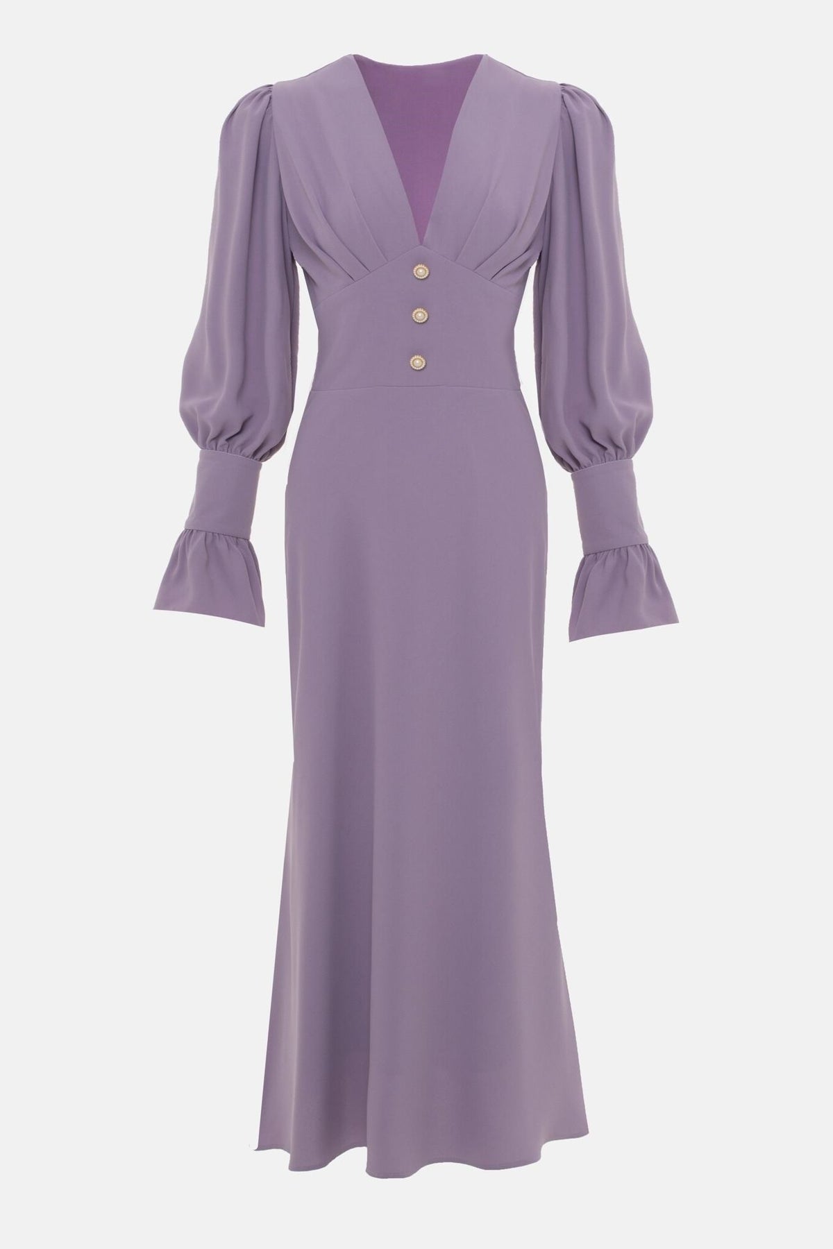 V-neck Lantern Sleeve Midi Dress