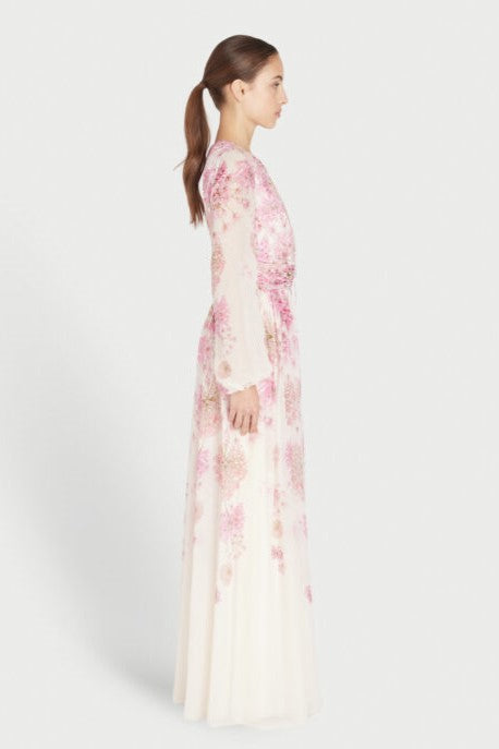 Print Round Neck Puff Sleeve Maxi Dress