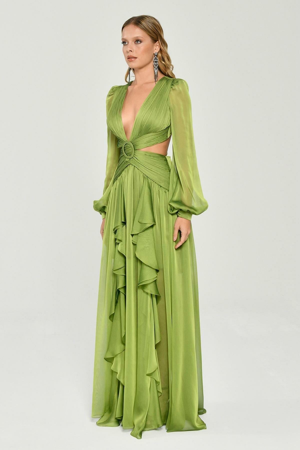 V-neck Ruffle Split Lantern Sleeve Maxi Dress