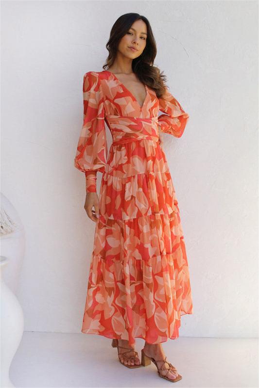 V-neck Lantern Sleeve Midi Dress
