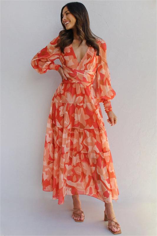 V-neck Lantern Sleeve Midi Dress