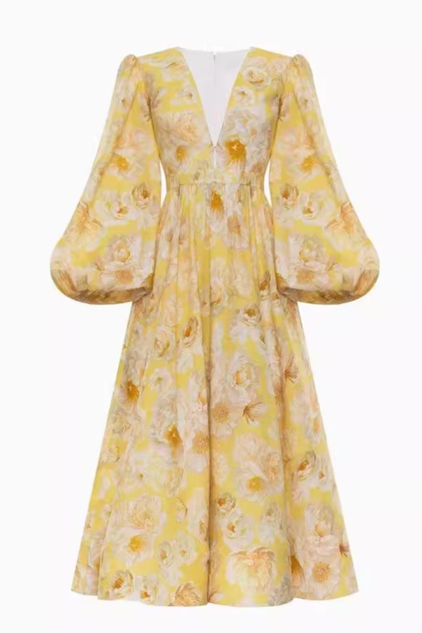 V-neck Long Sleeve Midi Dress