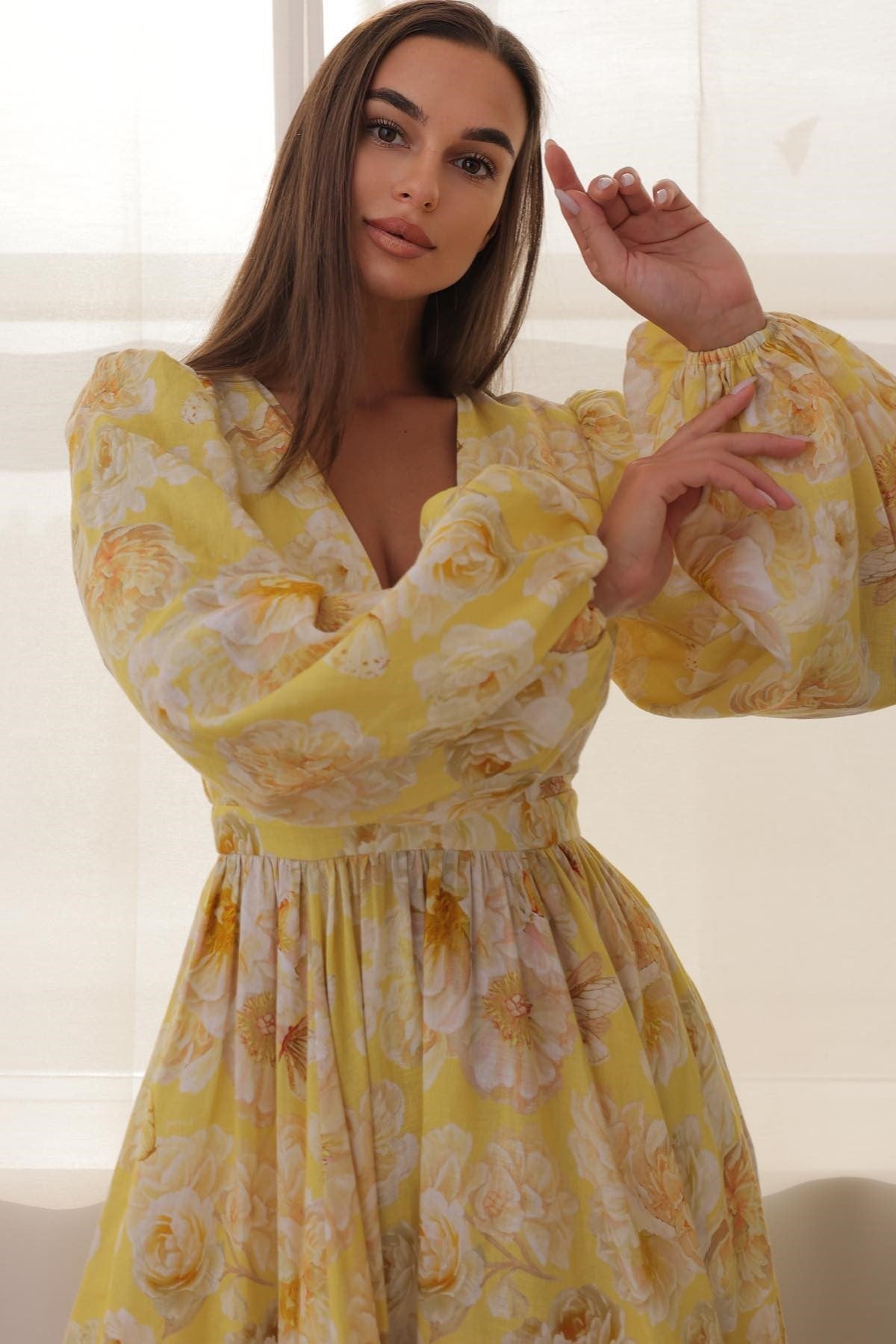 V-neck Long Sleeve Midi Dress
