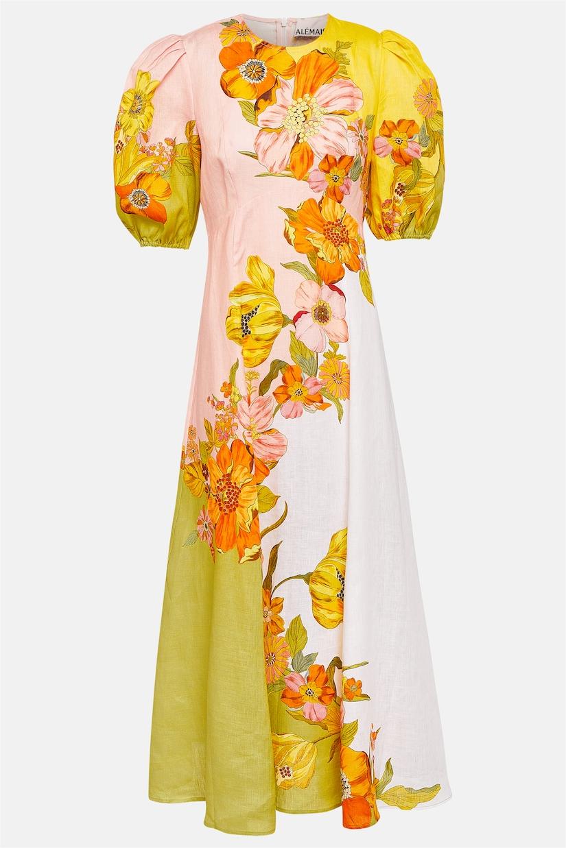 Puff Sleeve Round Neckline Midi Dress