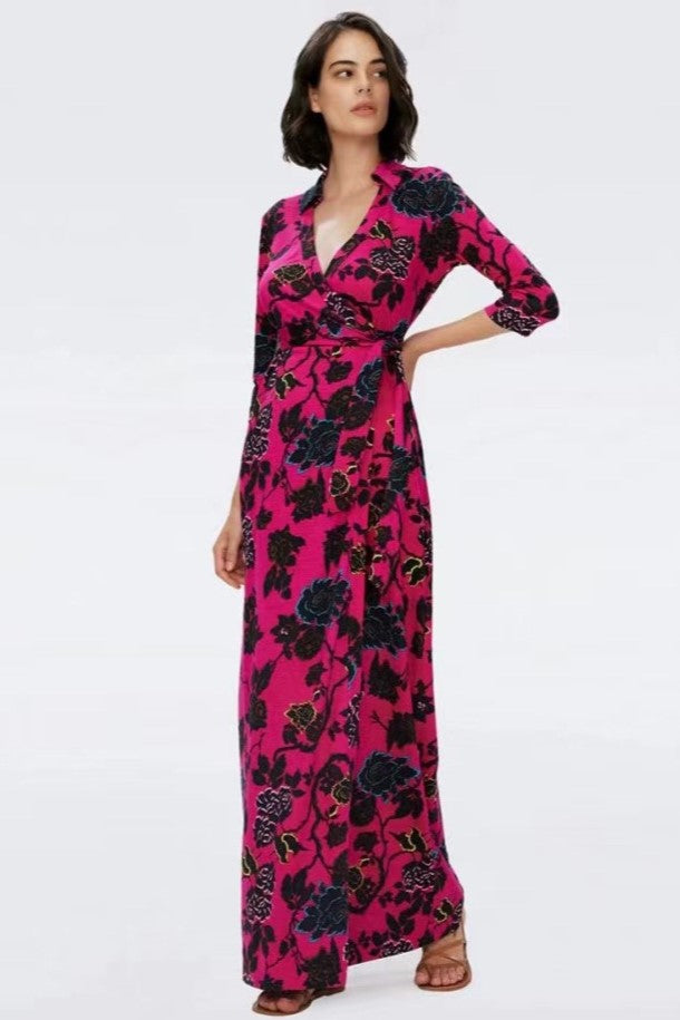 Mid Sleeve Lace Up Wrap Midi Dress