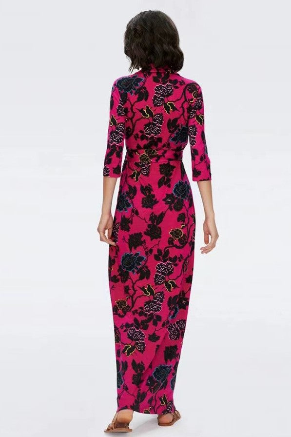 Mid Sleeve Lace Up Wrap Midi Dress