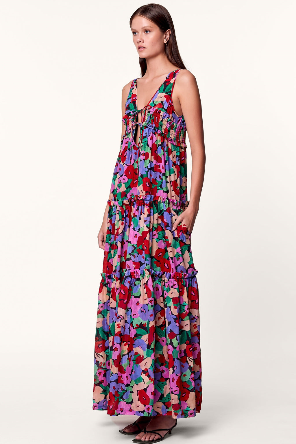 Frill Sleeveless V-neck Midi Dress