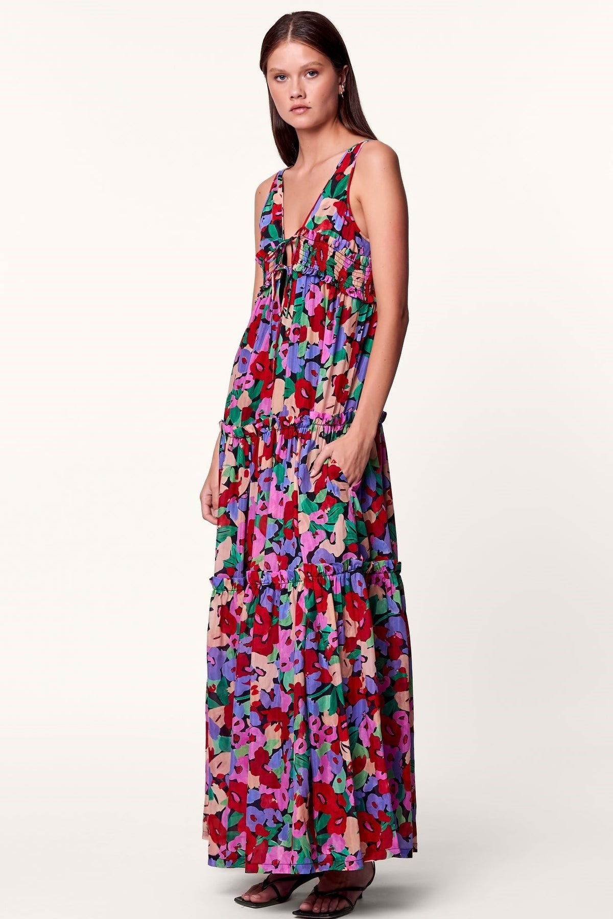 Frill Sleeveless V-neck Midi Dress