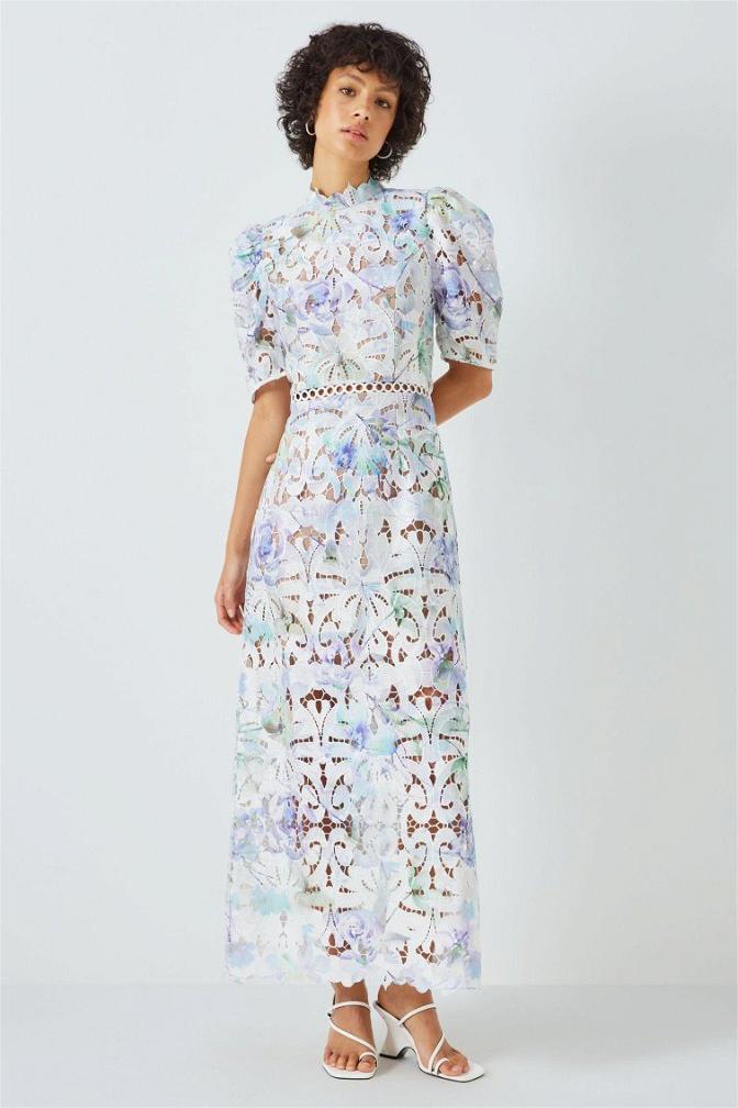 Lace Puff Sleeve Stand Collar Midi Dress