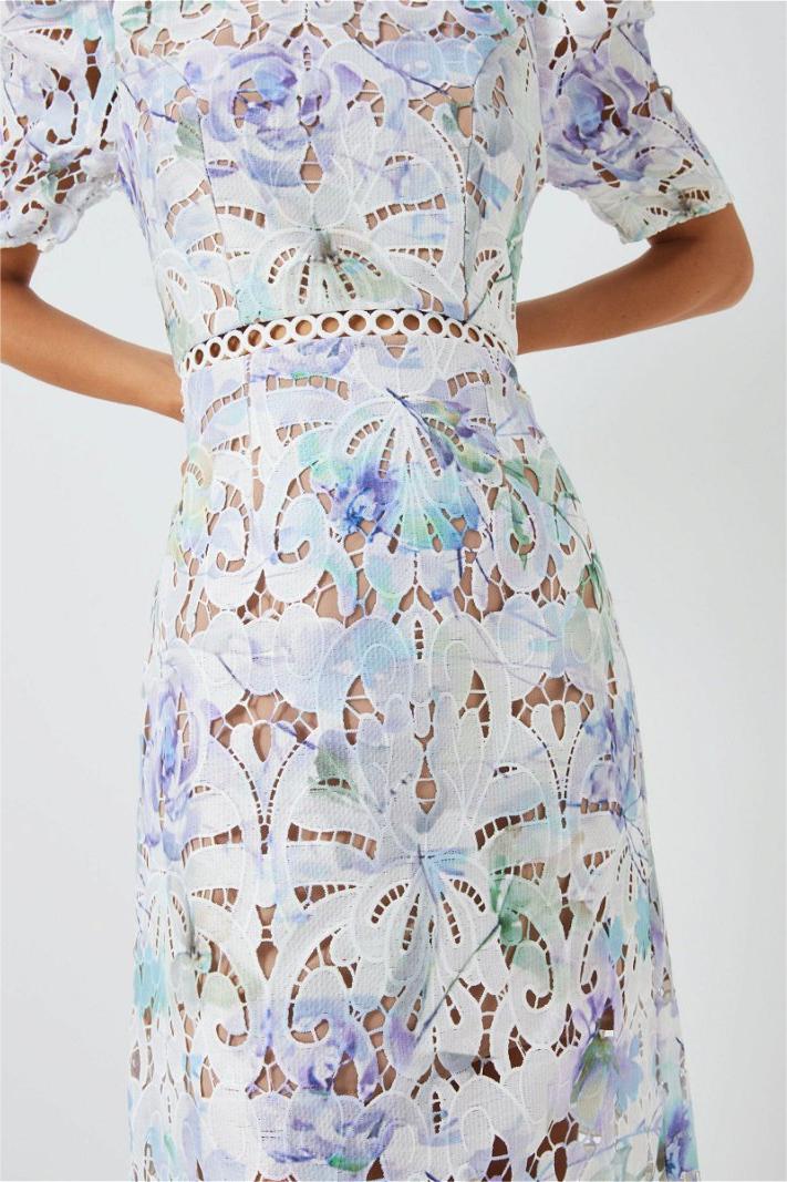 Lace Puff Sleeve Stand Collar Midi Dress