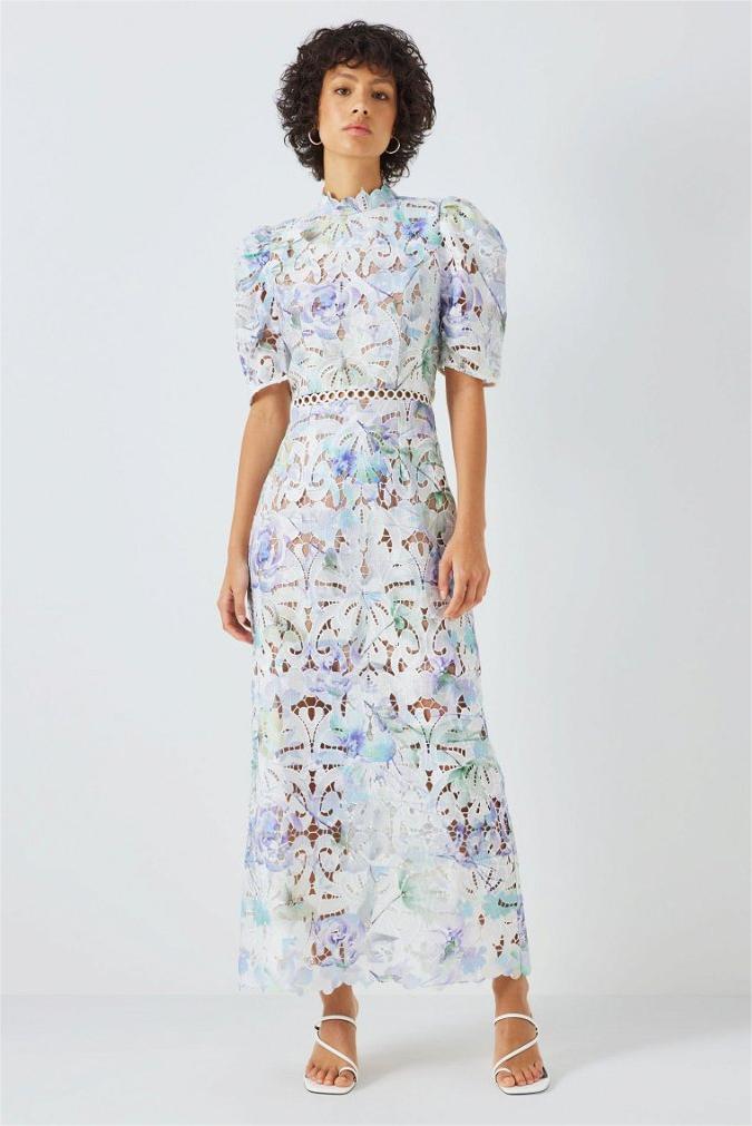 Lace Puff Sleeve Stand Collar Midi Dress