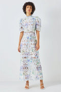 Lace Puff Sleeve Stand Collar Midi Dress