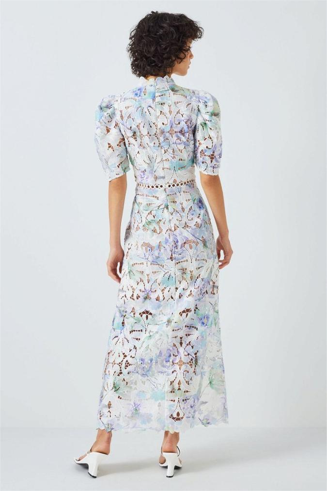 Lace Puff Sleeve Stand Collar Midi Dress