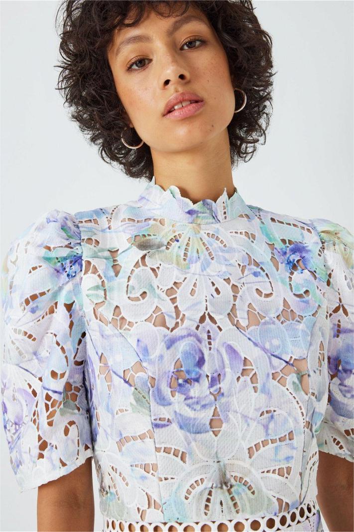 Lace Puff Sleeve Stand Collar Midi Dress