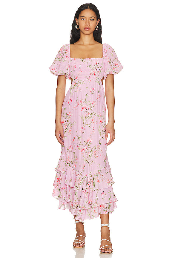 Smocking Puff Sleeve Midi Dress