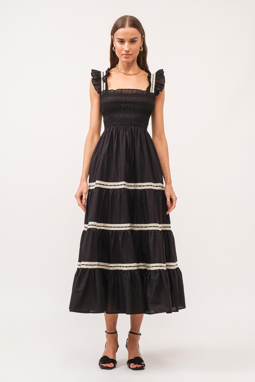 Lace Smocking Frill Sleeveless Midi Dress