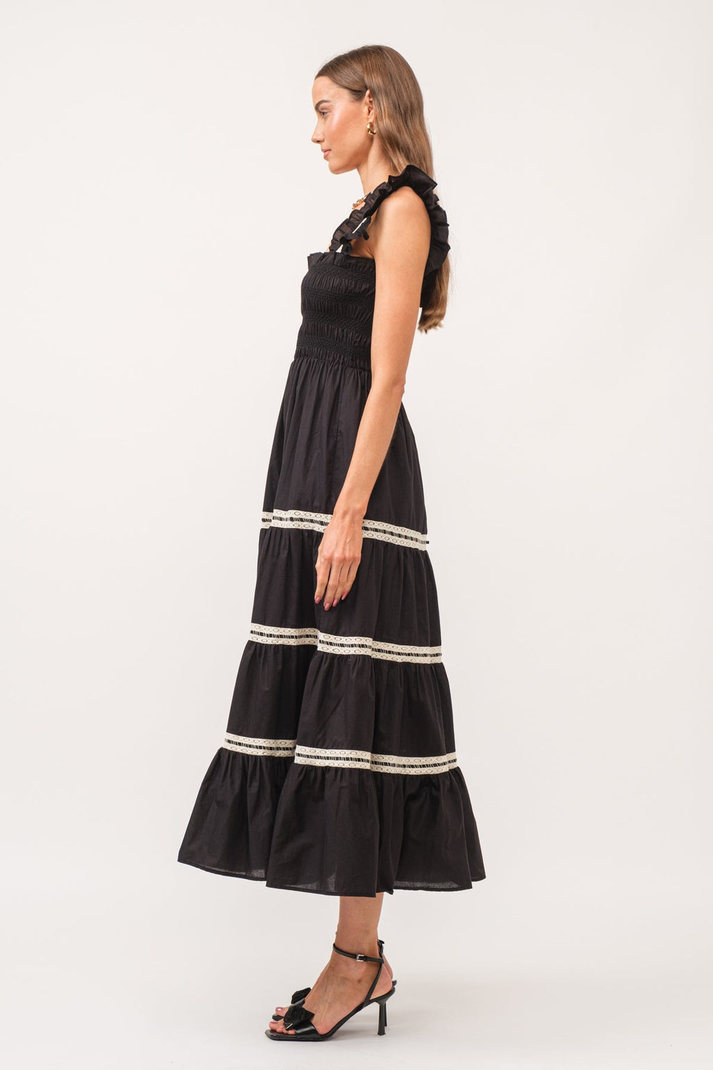 Lace Smocking Frill Sleeveless Midi Dress