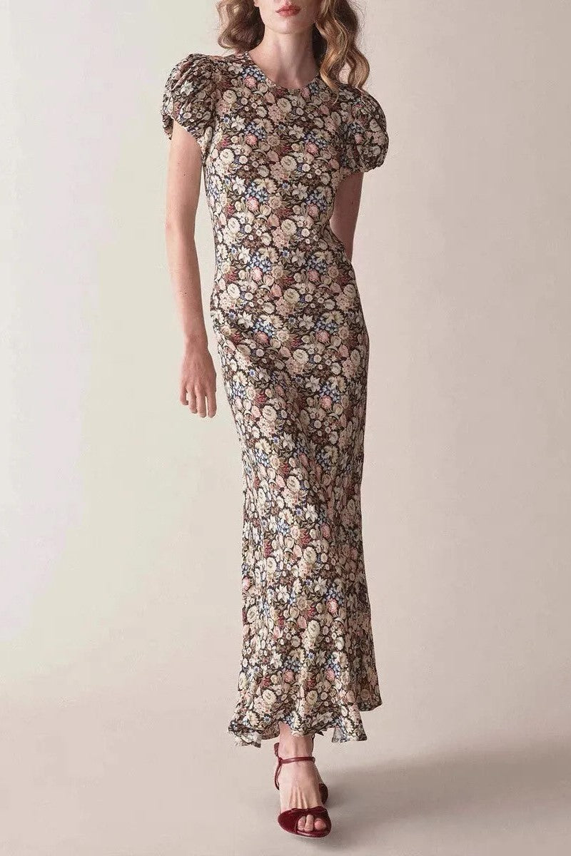 Round Neck Puff Sleeve Midi Dress