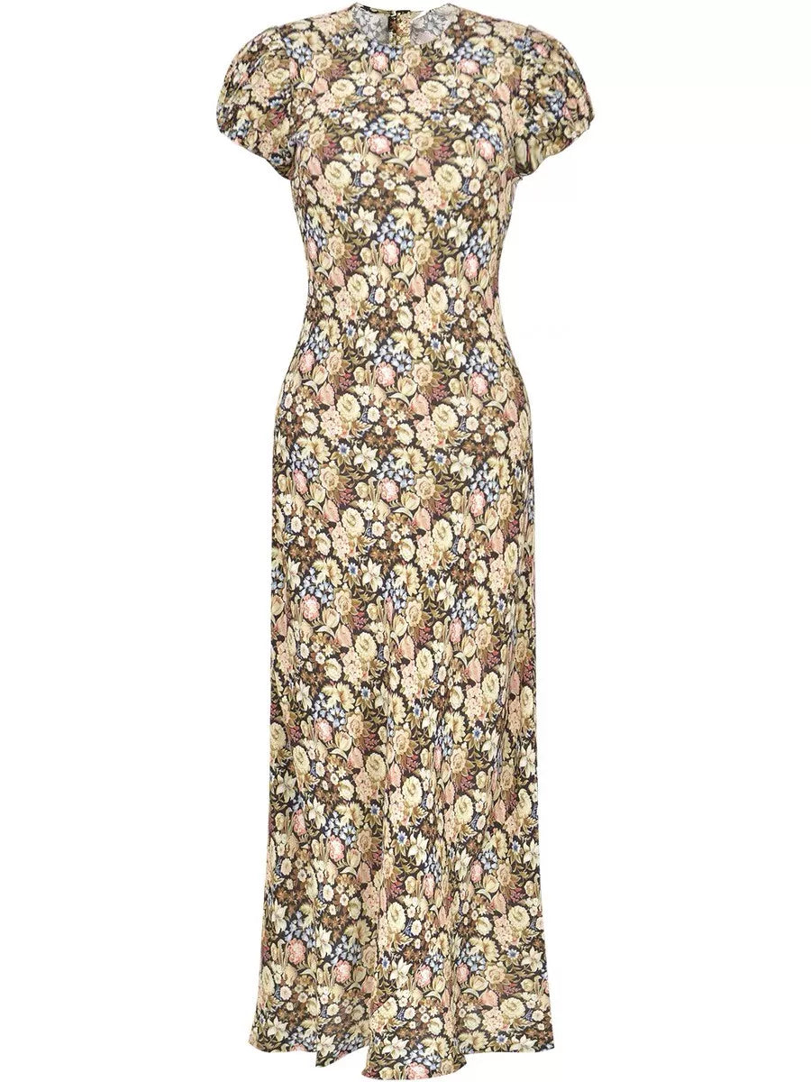 Round Neck Puff Sleeve Midi Dress