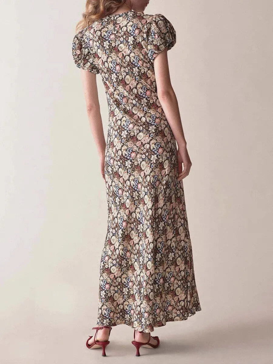 Round Neck Puff Sleeve Midi Dress