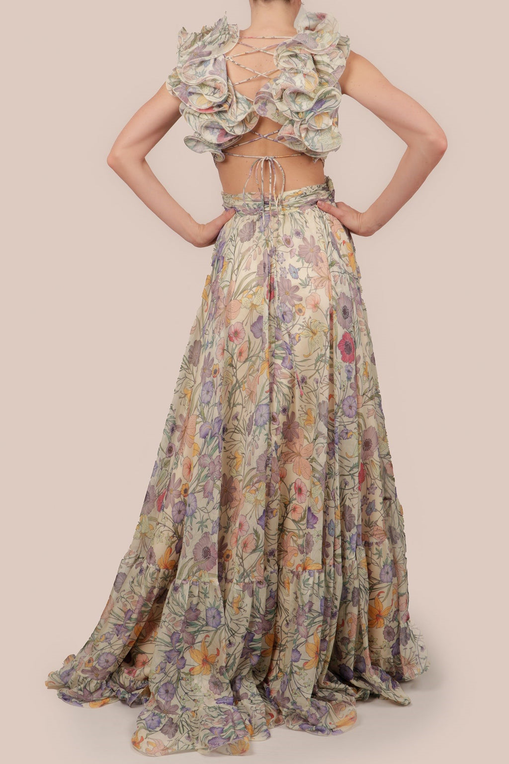Pleated Backless Lace Up Maxi Dress