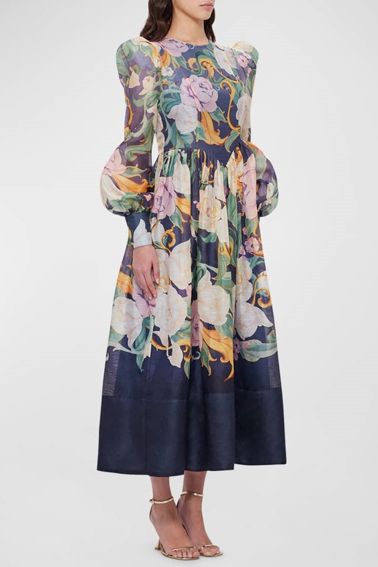 Round Neck Long Sleeve Midi Dress