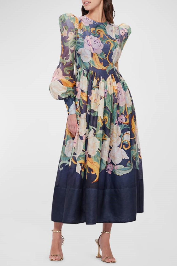Round Neck Long Sleeve Midi Dress