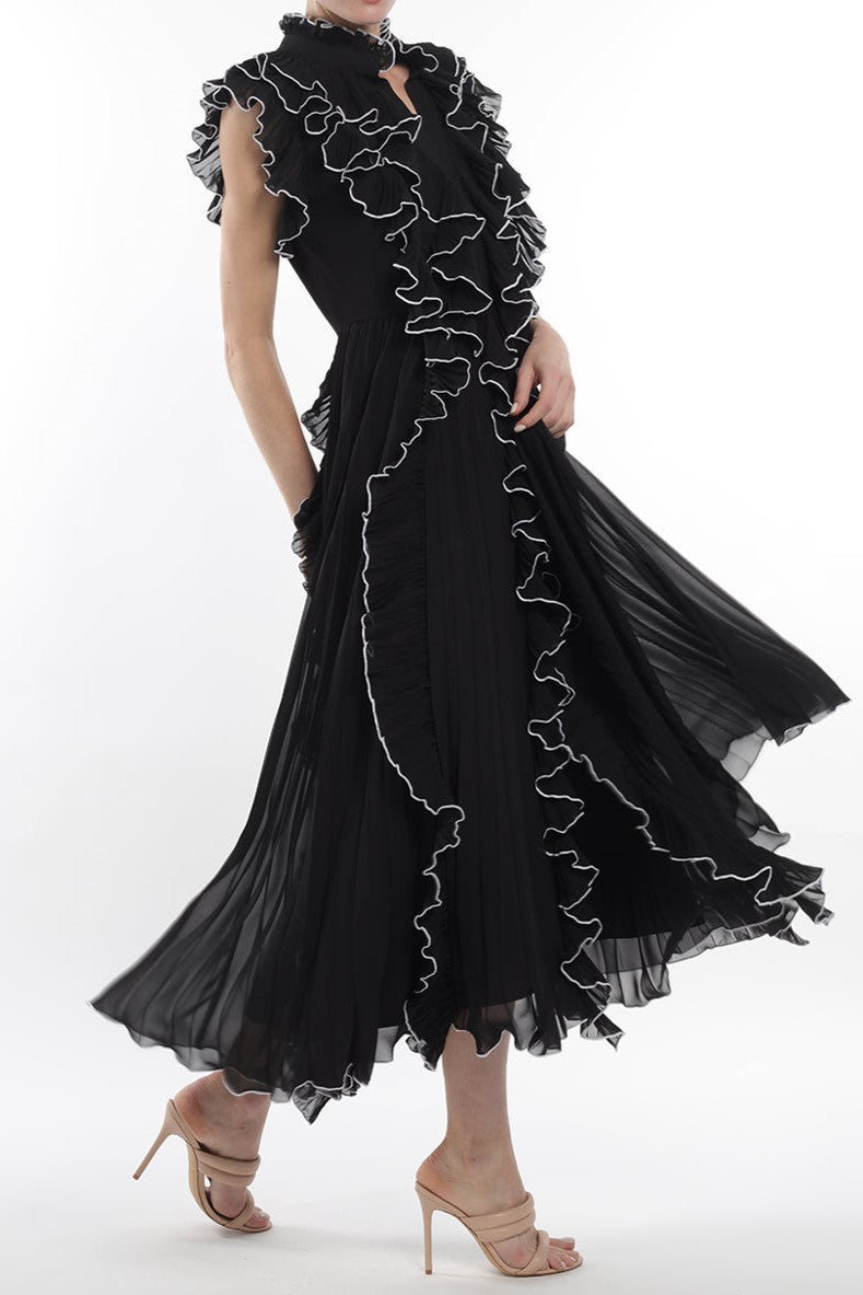 V-neck Frill Sleeveless Midi Dress