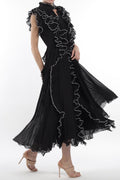 V-neck Frill Sleeveless Midi Dress