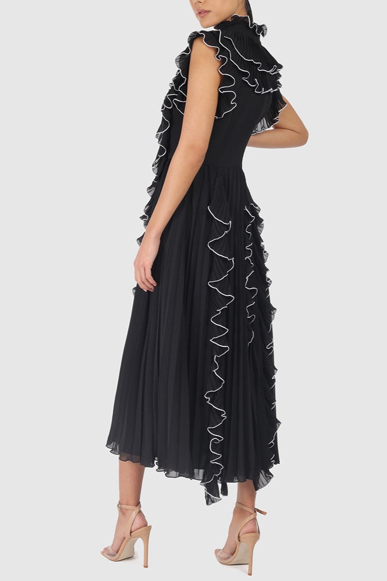 V-neck Frill Sleeveless Midi Dress