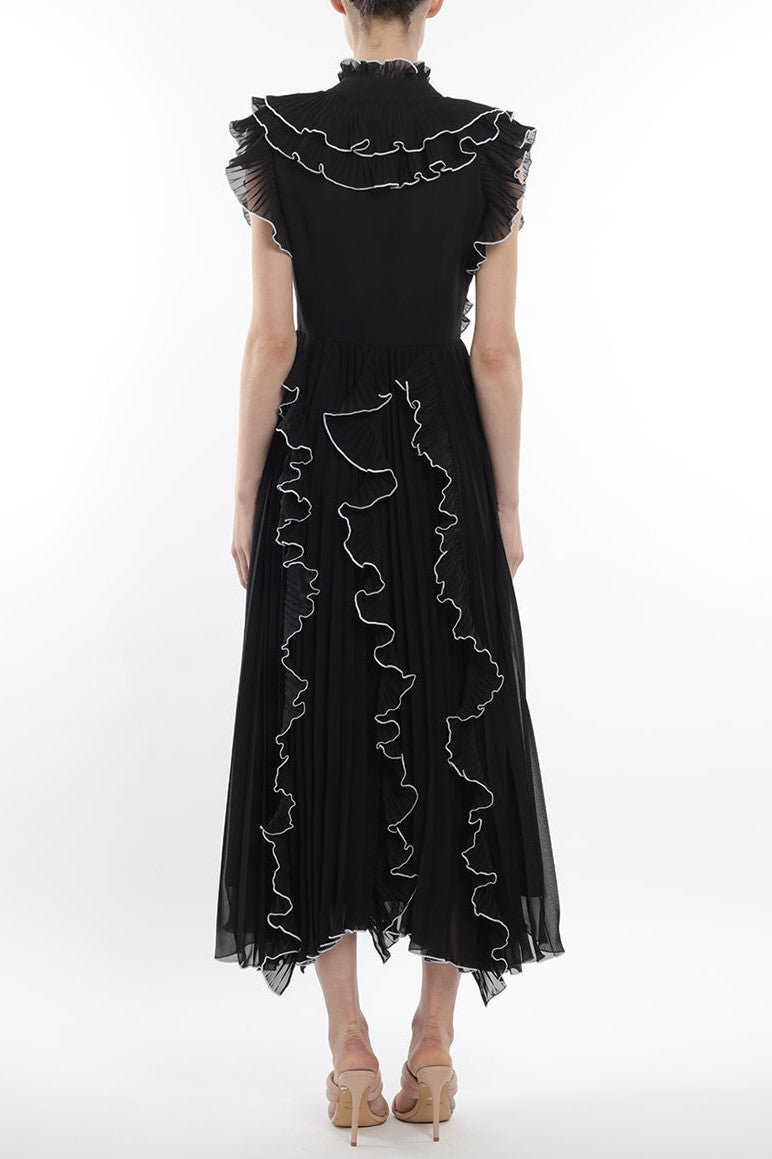 V-neck Frill Sleeveless Midi Dress