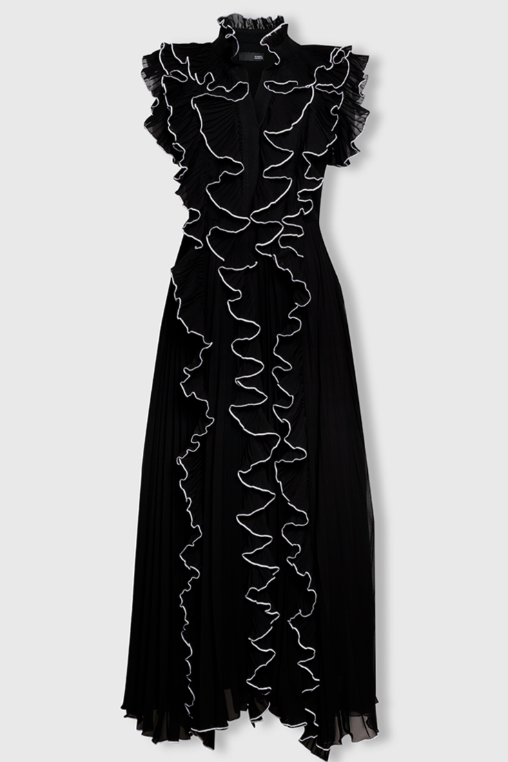 V-neck Frill Sleeveless Midi Dress