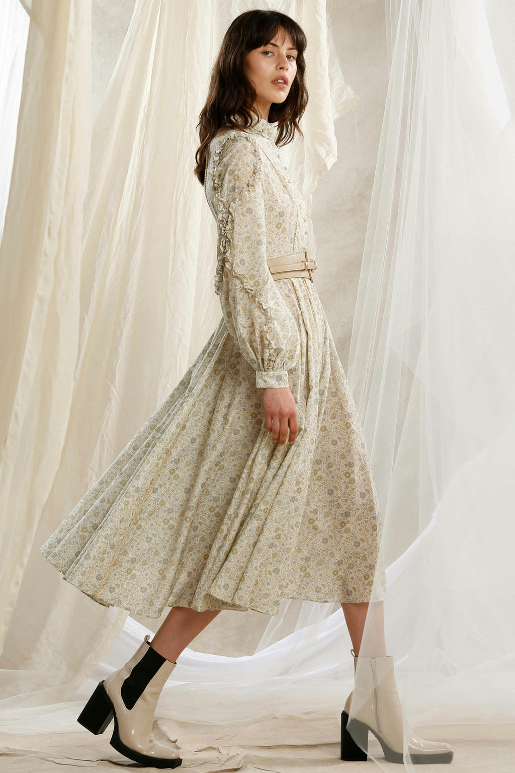 Frill Long Sleeve Midi Dress