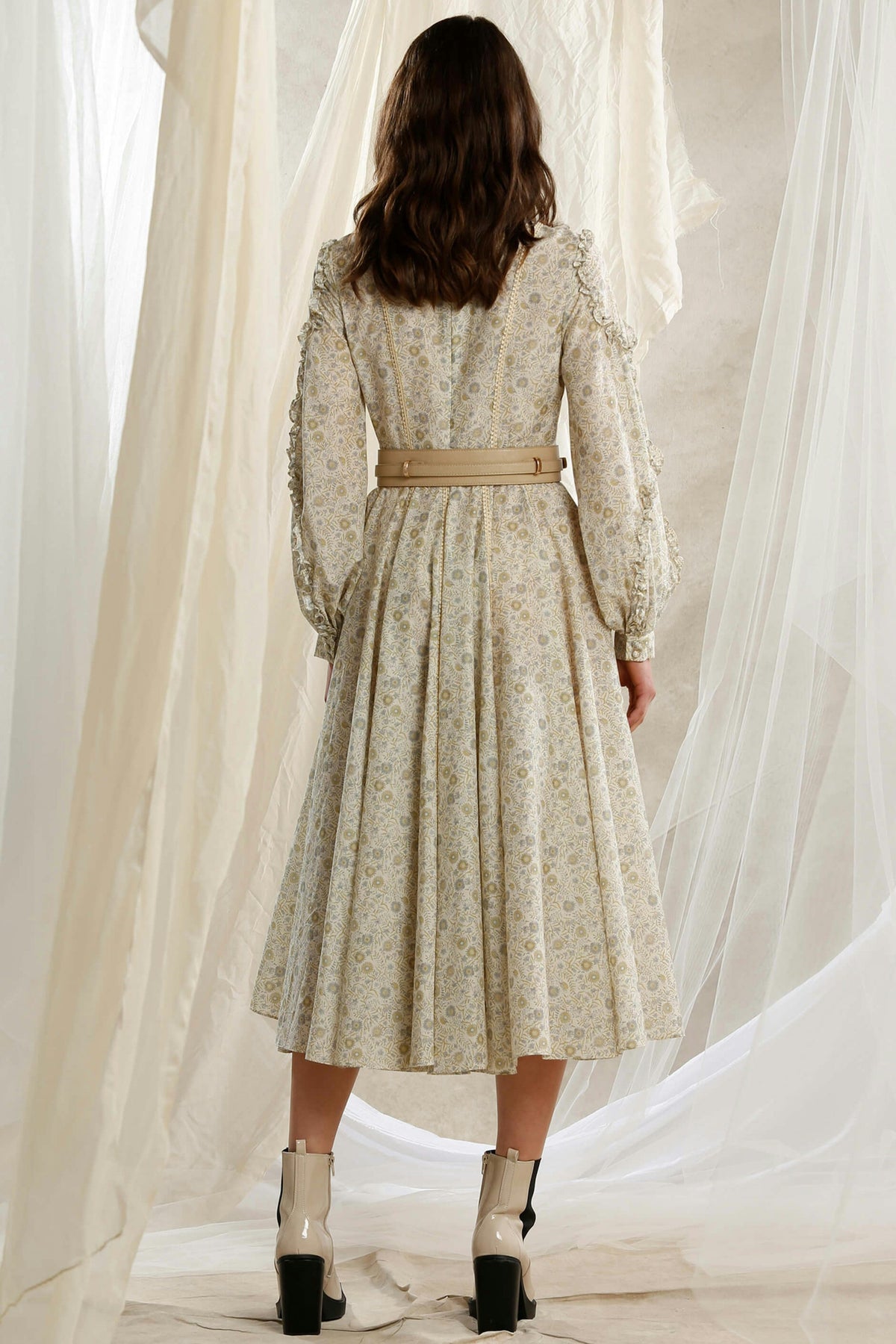 Frill Long Sleeve Midi Dress