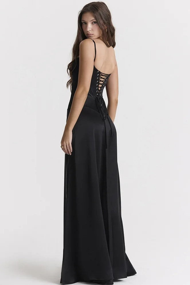 Satin Lace Up Maxi Dress Black