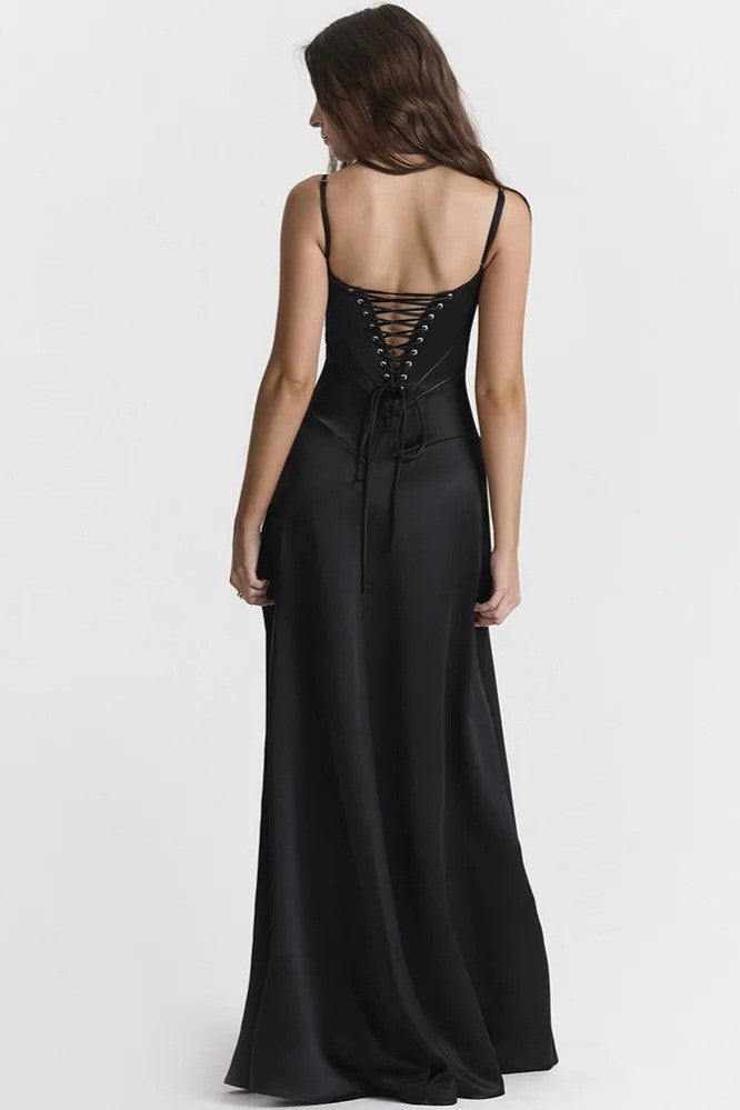 Satin Lace Up Maxi Dress Black