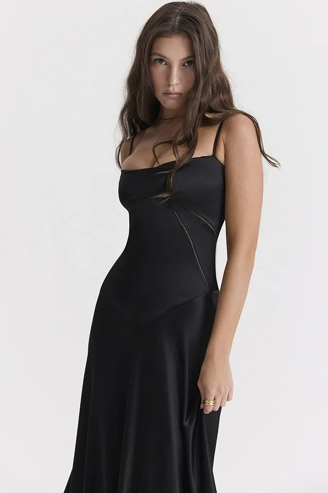 Satin Lace Up Maxi Dress Black