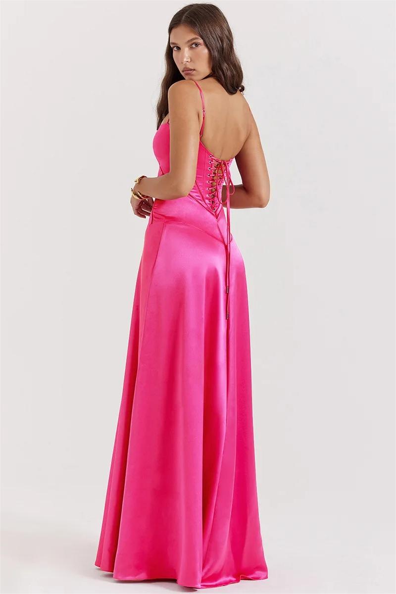 Satin Lace Up Maxi Dress Fuchsia