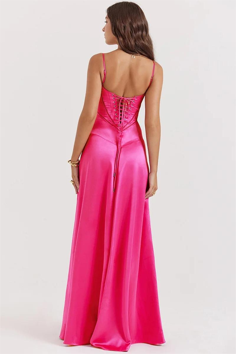 Satin Lace Up Maxi Dress Fuchsia