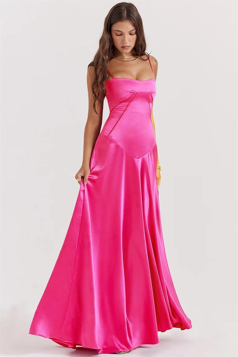 Satin Lace Up Maxi Dress Fuchsia
