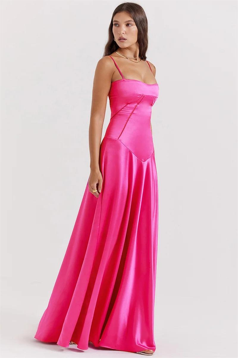 Satin Lace Up Maxi Dress Fuchsia