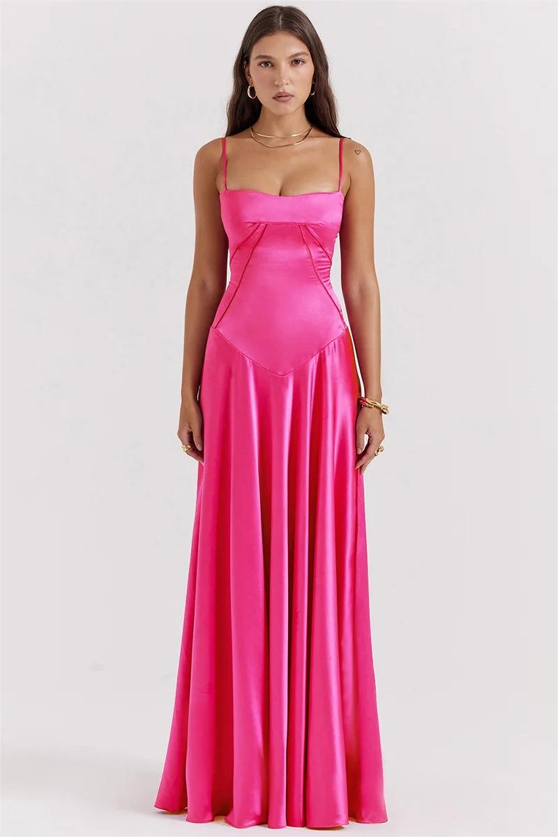 Satin Lace Up Maxi Dress Fuchsia