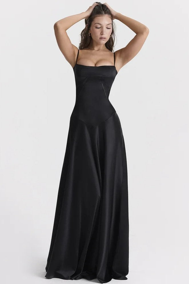 Satin Lace Up Maxi Dress Black