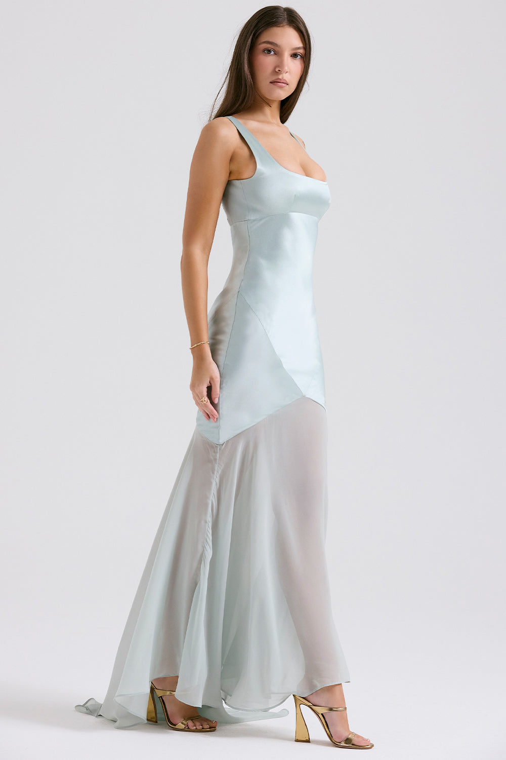 Satin Mesh Sleeveless Maxi Dress