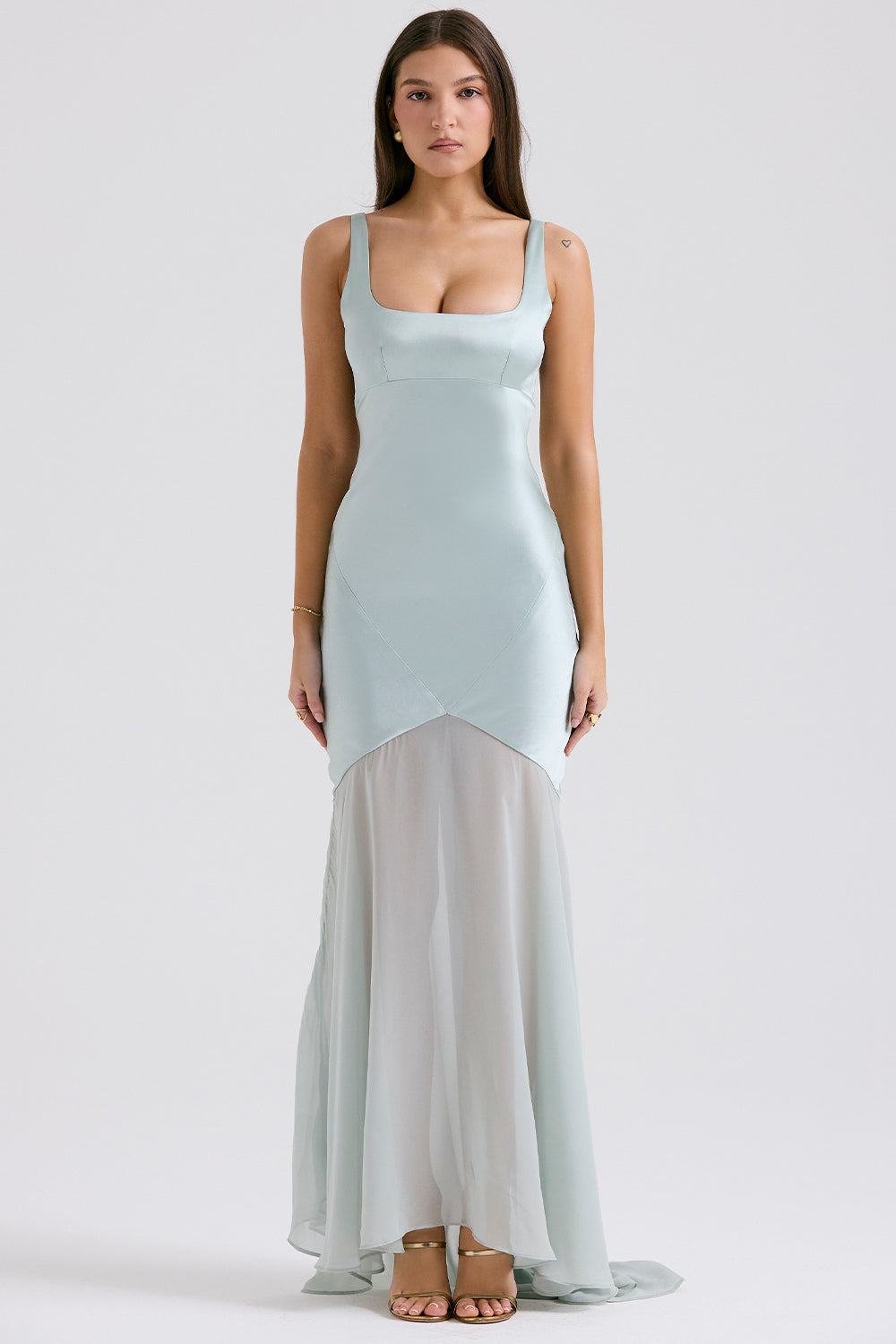 Satin Mesh Sleeveless Maxi Dress