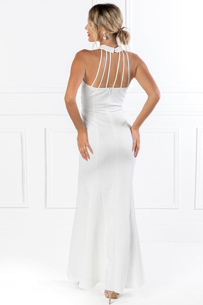 Faux Pearl Halter Neck Sleeveless Maxi Dress