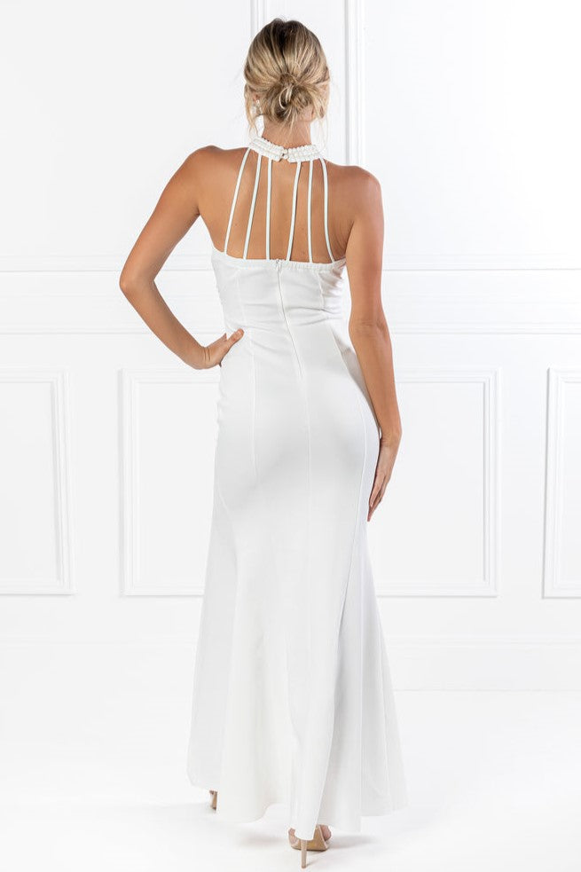 Faux Pearl Halter Neck Sleeveless Maxi Dress